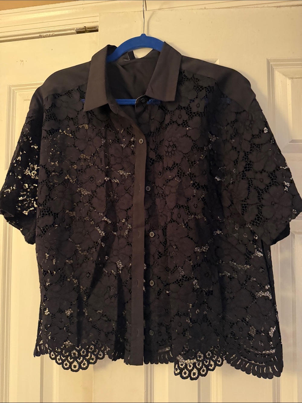 Express Black Lace Short-Sleeve Button Down Shirt